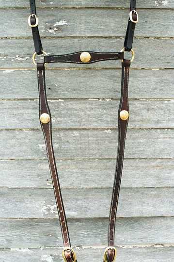 003_0-1.jpg - Custom made Stockmans breastplate brown leather with brass concho's ,buckles & rings.