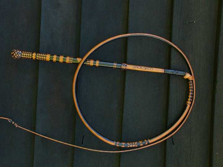 P1170857.JPG - 16 plait 2 toned handle and thong with "Jackaroo" branded in the handle